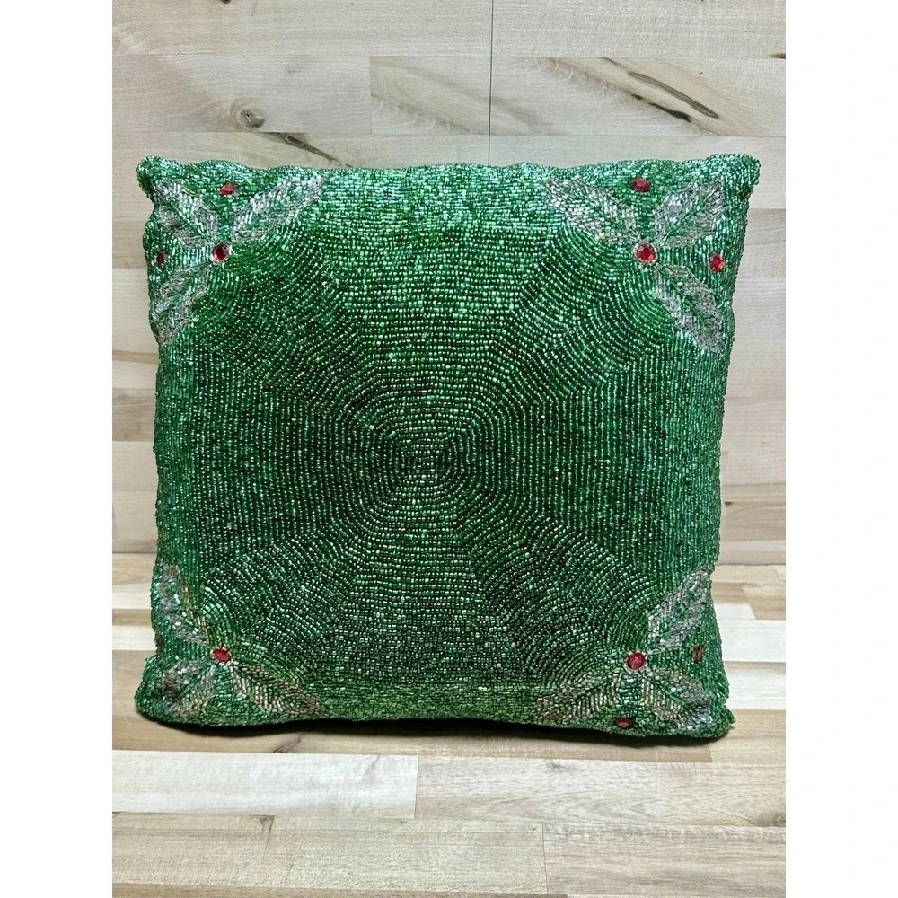 Cynthia Rowley Green Beaded Holly Leaves Christmas Throw Pillow 12